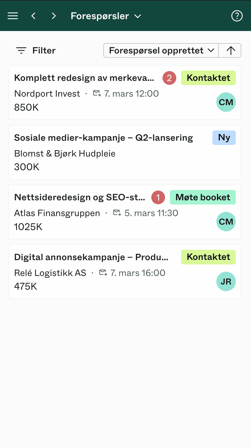 Dealight inkorg med inkommande förfrågningar från potentiella kunder