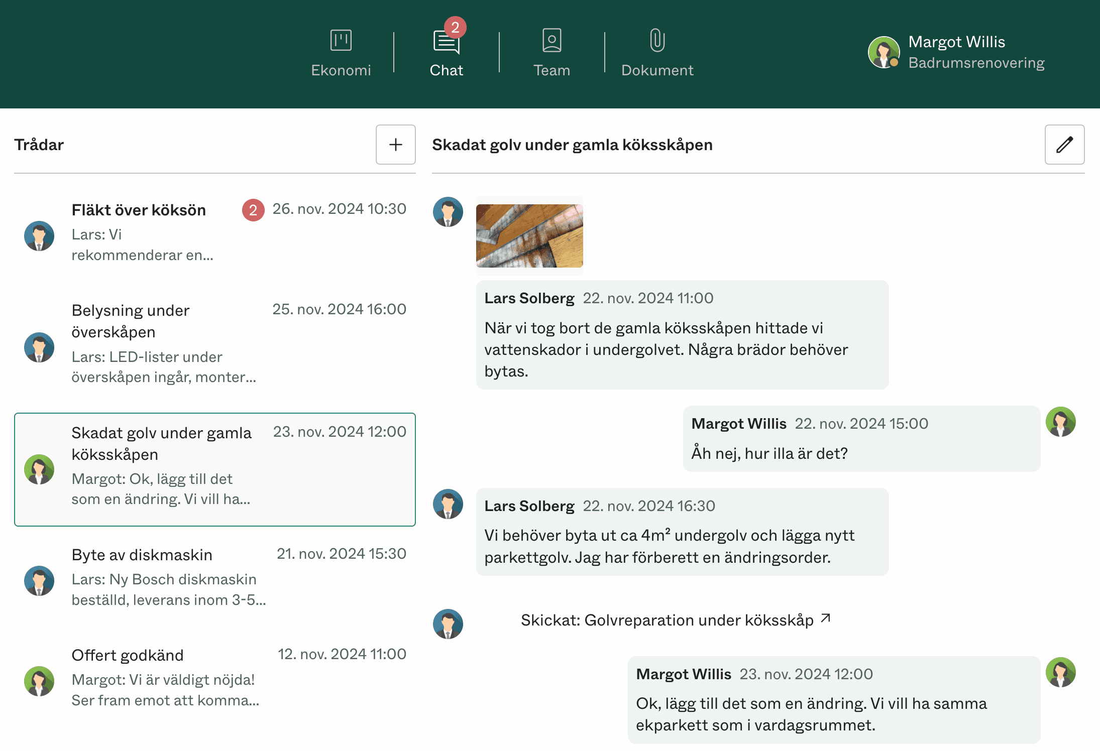 Kunddialog i Dealight med bilder och meddelanden