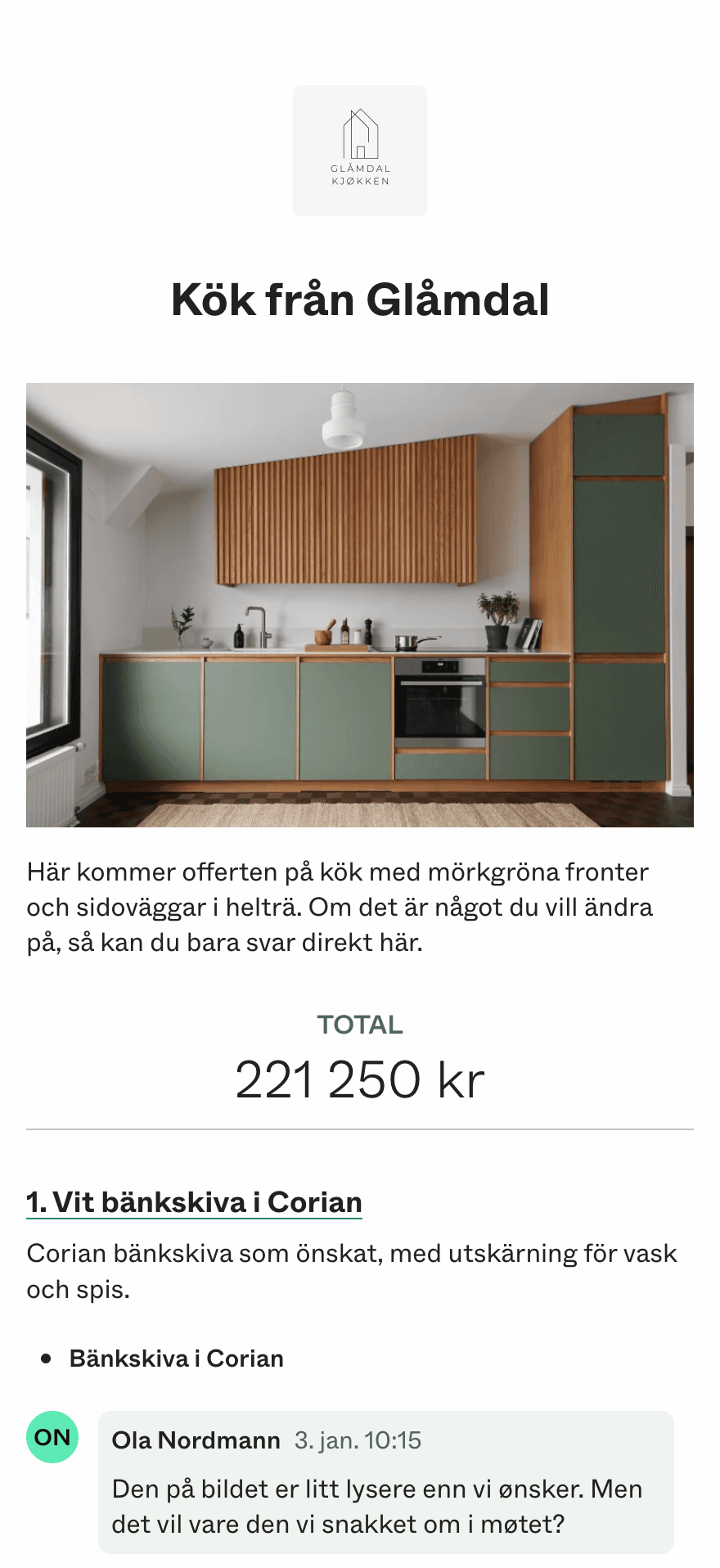 Mobilvy av offert mottagen i Dealight